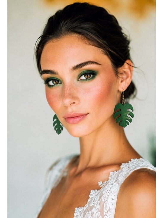 Boutique Jewelry - Tropical Monstera Palm Leaf Earrings Green Wooden Dangle Summer Vacation Jewelry